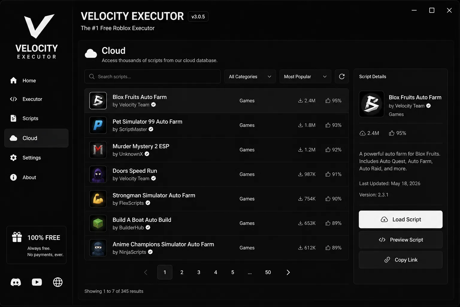 Velocity Executor cloud script library with Blox Fruits, Pet Simulator 99 and Murder Mystery 2 scripts