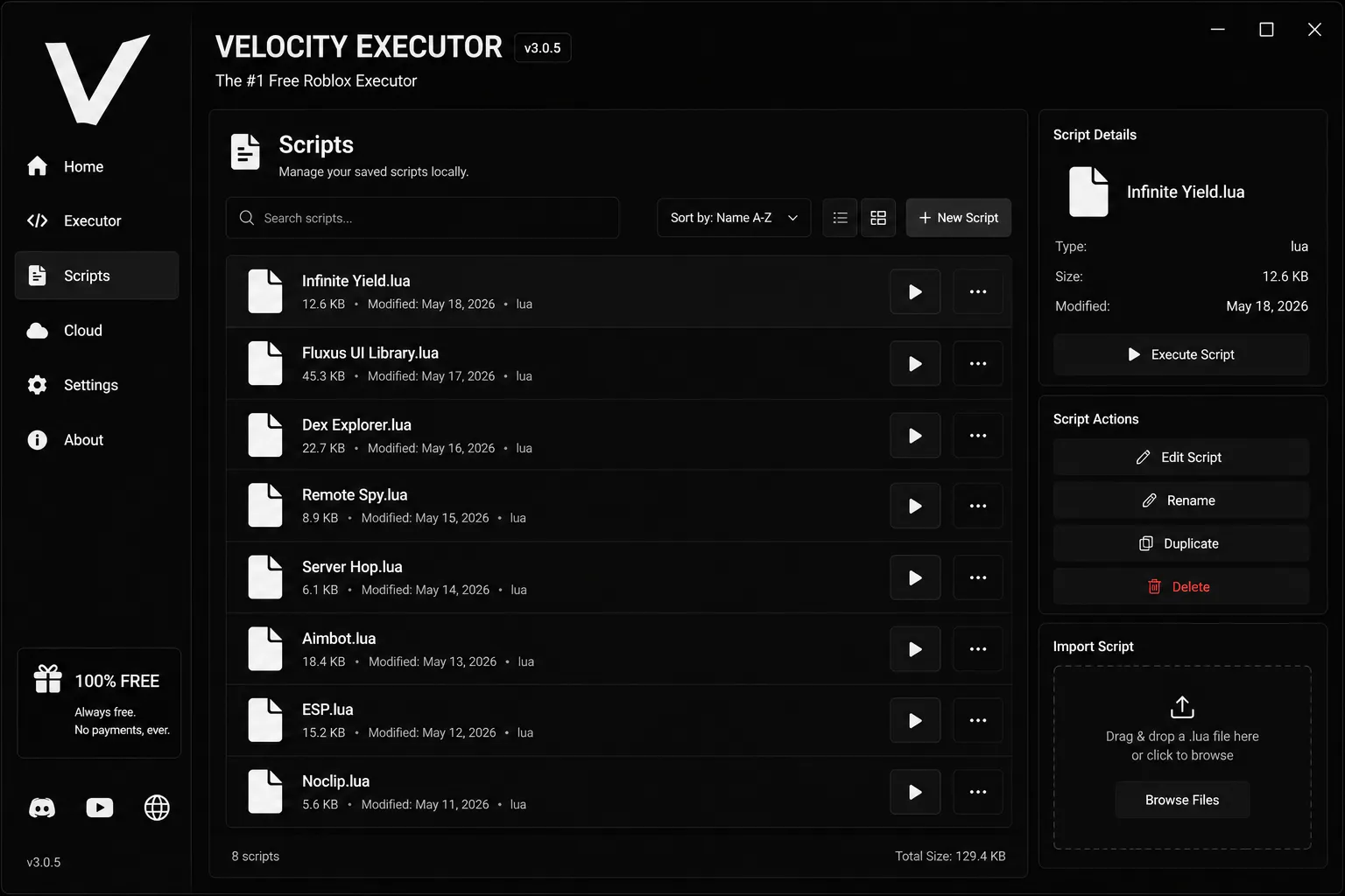 Velocity Executor local scripts screen listing Infinite Yield, Dex Explorer and Remote Spy Lua files