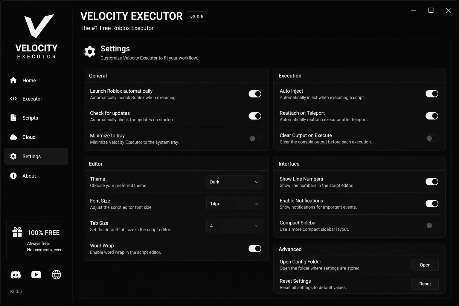 Velocity Executor settings page with auto inject, editor theme and interface options