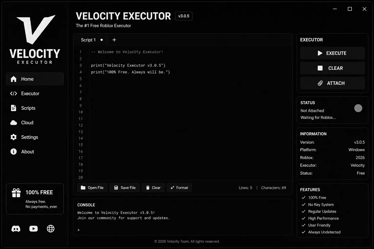 Velocity Executor v3.0.5 desktop interface showing the script editor, execute button and console